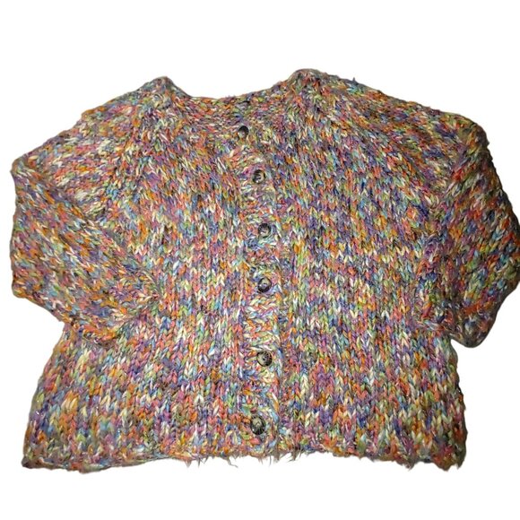 Cardigan Sweater XL Multicolor Oversize Cropped Chunky Knit Slouchy Large Button - Picture 1 of 14